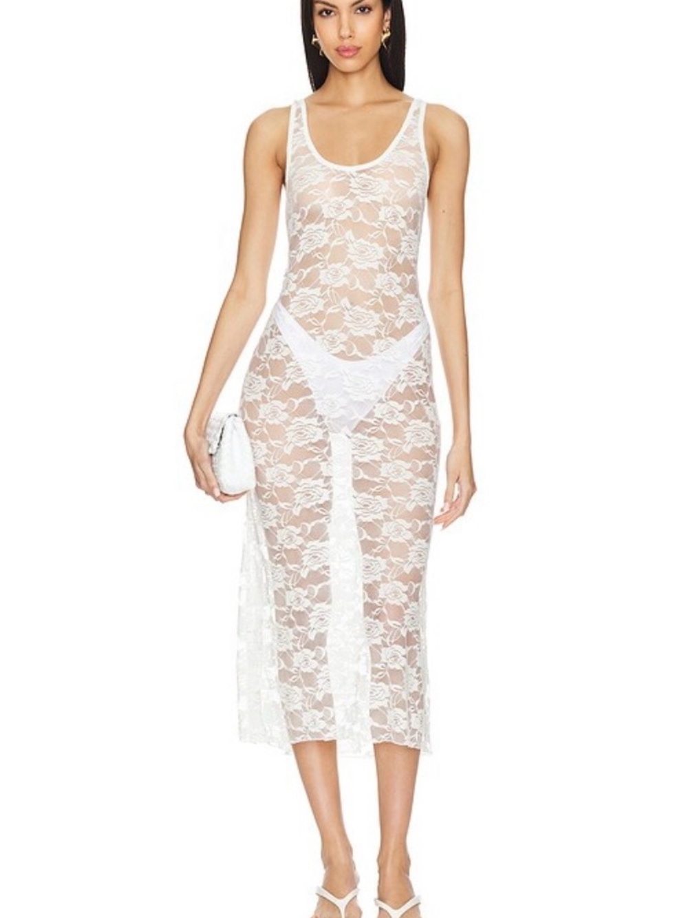Indah White Sheer Floral Lace Midi Dress